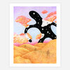 A colorful art print with a black starry abstract shape floating over golden hills, pink and orange clouds, and faint power lines.