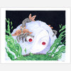 A square art print showing a white-haired face with red eyes, surrounded by green seaweed-like forms and small moth-like creatures, with the artist signature "RUBIN" at the lower right.