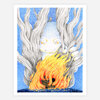 A colorful art print shows a pale smiling face with wide eyes behind twisting gray forms, with bright orange and yellow flames rising from the bottom.