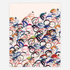 A colorful print showing a dense pattern of abstract cyclists and bicycle wheels in layered blue, red, black, orange, and green brushstrokes.