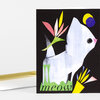 A folded greeting card featuring a stylized white cat on a black background with colorful geometric accents and the word "meow" printed at the bottom.