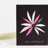 A greeting card with a black front featuring a stylized flower made of white, pink, and dark petals and the text "you smell good" at the bottom.