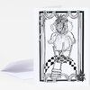 A folded greeting card featuring a black-and-white botanical illustration of an iris-like flower framed by draped ribbons and a checkered arch, with the signatures "Bird Barn" and "AYEOLA" at the bottom.