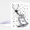 A folded greeting card featuring a black-and-white illustration of a seated figure blowing a dark shofar-like horn, surrounded by many drawn eyes, with the artist signatures "KW" and "AYEOLA" visible.