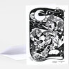 A black-and-white folded greeting card with an illustrated scene of three seated figures, a moon and stars, flowers, hills, and mushrooms, signed "AYEOLA nomyokamyo" at the bottom.