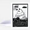 A folded greeting card with a black-and-white illustration of a layered mound, rain cloud, sunburst, and a crowd of outlined figures, with the words "holy shit" drawn across the center.
