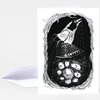 A folded greeting card with a black-and-white illustration of a bird above a nest of eggs marked with Hebrew letters and a small signature at the bottom.