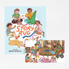 A children’s book cover and spread showing the title "STORY RUG" with illustrated children knitting and weaving a colorful circular rug.