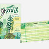 A botanical journal with a cover that reads "Growth: A Journal to Welcome Personal Change" by Susie Ghahremani and a matching page shown with the title "Daily Habit Tracker" and a numbered grid.