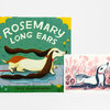 A hardcover book with the title "ROSEMARY LONG EARS" in large white letters on a green cover, showing an illustrated long-eared dog and the author name "susie ghahremani" at the bottom.