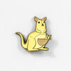 A yellow enamel kangaroo pin showing an adult kangaroo with a joey in its pouch, outlined in dark metal.