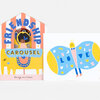 A children’s book cover and matching card show the title “FRIENDSHIP CAROUSEL” in blue letters and a colorful illustration with the word “LOVE,” plus the name “Suzy Ultman” on the cover.