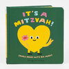 A hardcover book with a dark green cover showing a smiling yellow heart character holding a flower and making a peace sign, with the title "IT'S A MITZVAH!" and the subtitle "SMALL DEEDS WITH BIG HEART" and the name "Suzy Ultman."