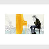 A rectangular art print showing a seated person beside a bright yellow piano-like shape over a sketched street scene.