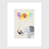 A print shows a child sitting in an elephant’s trunk while holding a book, with seven colorful balloons floating above and no visible text.
