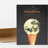 A greeting card with the words "Happy Birthday" above a moon-shaped ice cream scoop in a waffle cone on a starry black background.
