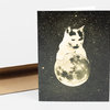 A folded greeting card featuring a black-and-white cat sitting on a moon against a starry black background.