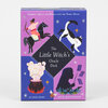 A rectangular box for "The Little Witch's Oracle Deck" with illustrated panels showing a witch on a horse, a black-and-white cat, a bubbling cauldron, and a silhouetted figure holding a wand, with the text "SYMBOLS, SPELLS, AND RITUALS FOR THE YOUNG WITCH," "BY ARIEL KUSBY," and "ART BY OLGA BAUMERT."