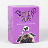 A purple box for a game titled "ACTION PUPS!" with the subtitle "A Storytelling Game About Dogs" and a pug face illustration on the front.