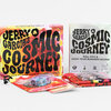 A boxed game set titled "Jerry Garcia's Cosmic Journey" with a colorful psychedelic design, a separate rules booklet, folded fabric pieces, dice in plastic pouches, and a QR code on the insert.