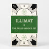 A rectangular card or booklet cover with a black, white, and green geometric design and the text "ILLIMAT" and "THE FALSE BARON'S SET."