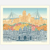 A Boston cityscape print showing the skyline, cable-stayed bridge, autumn trees, brownstone buildings, and a visible "CITGO" sign, with the caption "Autumn in Boston, Massachusetts" and artist credit "Beth Kerschen ©2023."