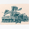 A postcard-sized card printed with a teal collage illustration of the Portland sign, Powell’s Books, and other Burnside streetscape elements, with the text "Burnside and Beyond" and a vertical copyright credit at the right edge.