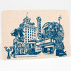 A postcard-sized print shows a blue vintage-style downtown Portland streetcar scene with the words "Catching the Streetcar Downtown" and "©2013 beth kerschen" printed on it.