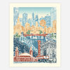 A vertical Chicago cityscape print showing layered landmarks and skyline buildings, including a red "CHICAGO" theater sign, a train on tracks, the river, and several architectural icons with small text reading "Exploring Historic Chicago" and "Beth Kerschen © 2023."