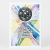 A postcard-sized print featuring a black disco ball with colorful radiating geometric shapes and the text "DISCO. I LOVE YOU BUT CANNOT FORGIVE YOU."