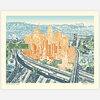A rectangular art print showing a stylized Los Angeles cityscape with freeway interchanges, downtown skyscrapers, mountains, and visible text reading "Driving Through Los Angeles" and "Beth Kerschen ©2023."