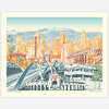 A vintage-style illustrated print of Los Angeles featuring the skyline, Hollywood sign, palm trees, bridges, and landmark buildings, with the text "Exploring the City of Angels" and "Beth Kerschen ©2023" visible at the bottom.