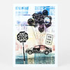 A postcard featuring a collage-style illustration of a car lifted by a cluster of black balloons, with two visible signs reading "DON'T STOP DREAMS" and "DO NOT BLOCK MY WAY".