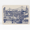 A rectangular postcard showing a blue-toned collage of multiple bridges over water, with the caption "Many Crossings in Bridgetown" printed at the bottom left and "©2014 Beth Kerschen" at the bottom right.