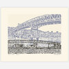 A monochrome print depicting the Marquam Bridge over a city and water, with the text "MARQUAM BRIDGE — Opened 1966" and "Beth Kerschen © 2017" printed along the bottom.