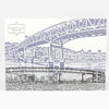 A postcard featuring a monochrome illustration of Marquam Bridge with the text "MARQUAM BRIDGE OPENED 1966" in a decorative label.