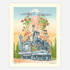 A printed poster shows a collage of Portland landmarks and signs beneath Mount Hood, with roses, trees, and visible text including “PORTLAND,” “Powell’s Books,” and “The Rose City Column.”