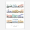 A poster-style art print showing a 3-by-4 grid of illustrated Portland, Oregon bridges in different pastel colors, with the title "Portland, Oregon Bridges" and subtitle "On the Willamette River" at the bottom.