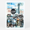 A postcard-style art print with a collage of roses, a stop sign that reads "STOP 2 SMELL THE ROSES," a vertical sign that reads "PORTLAND," and the phrase "The Rose City."
