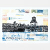 A postcard with a black-and-white skyline illustration and the text "Portland, Oregon" at the bottom.