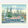 A printed illustrated poster of Portland with a green vertical "PORTLAND" sign, Powell's Books storefront, a streetcar, trees, flowers, and a snow-capped mountain in the background, with the text "Chromatic Portlandmark" and "Beth Kerschen ©2023" at the bottom.