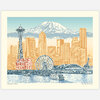 A vintage-style print of the Seattle skyline with the Space Needle, the Public Market Center sign, a Ferris wheel, boats on the water, and Mount Rainier behind the city, labeled "Seattle to Mt. Rainier" and "Beth Kerschen ©2023".