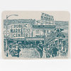 A rectangular cream-colored card or print shows a blue-green illustrated scene of Pike Place Market with multiple signs reading “PUBLIC MARKET CENTER,” “MEET THE PRODUCER,” “FARMERS MARKET,” and “POST ALLEY,” plus the caption “Shopping Pike Place Market.”