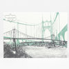 A postcard featuring an illustrated view of St. Johns Bridge with the text "ST. JOHNS BRIDGE OPENED 1931" in a decorative label.