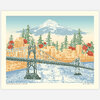 An art print featuring the St. Johns Bridge over a city skyline with evergreen trees, red roses, and a snow-capped mountain, with the text "Watching Over The Rose City with St. Johns" and "Beth Kerschen ©2023" at the bottom.