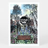 A postcard showing a garden scene with a bench in the foreground, a stop sign reading "STOP" and "LIKE, LITERALLY." in the center, and trees and flowers around it.