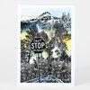 A postcard featuring an illustrated mountain landscape with a black stop-sign shape reading "CAN'T STOP THE FEELING!" and the text "Mt Hood National Forest" at the bottom.