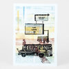A postcard featuring a stylized black bus with stacked marquee signs that read "LOVE WHAT YOU GOT," "LET LOVE IN," and a small sign with a sunburst design.