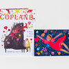 An illustrated hardcover book with the title "COPLAND," the subtitle "A Story About America," and the author name "VERONICA MANG," shown with a matching colorful illustrated insert or cover image beside it.