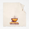 An off-white towel with a printed orange and burgundy bowl of oatmeal and the text "OATMEAL STICKS TO YOUR RIBS".